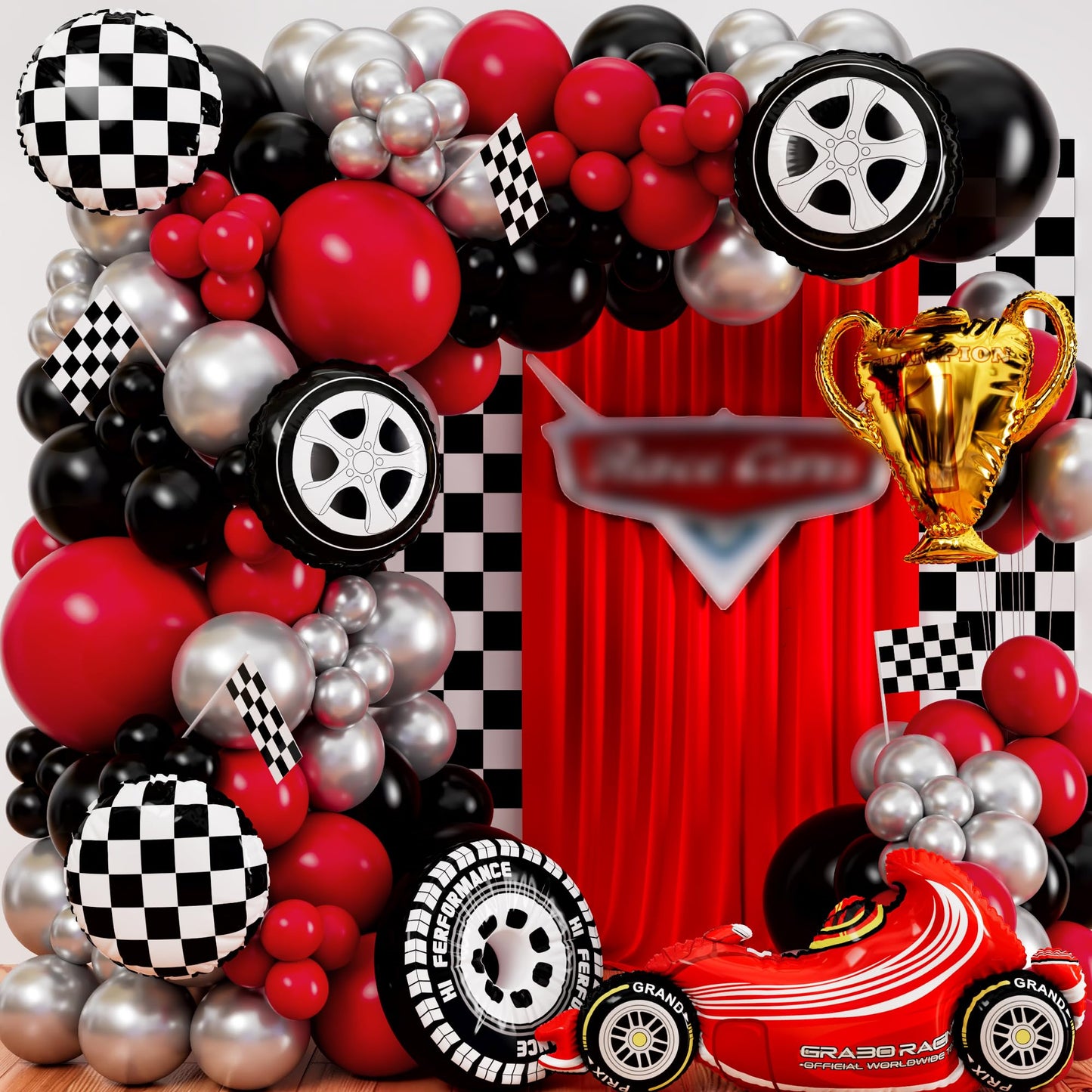ALL-IN-1 Race Car Balloon Arch Kit with BONUS Trophy & RaceCar - Cars Balloon Garland Kit for Race Car Theme Birthday Party Supplies & Hot Wheels