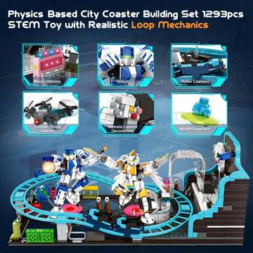 Robot Space Roller Coaster Building Toy for Kids,1293 Pieces Roller Coaster Amusement Park Block Building Set, Interactive Space Station Construction