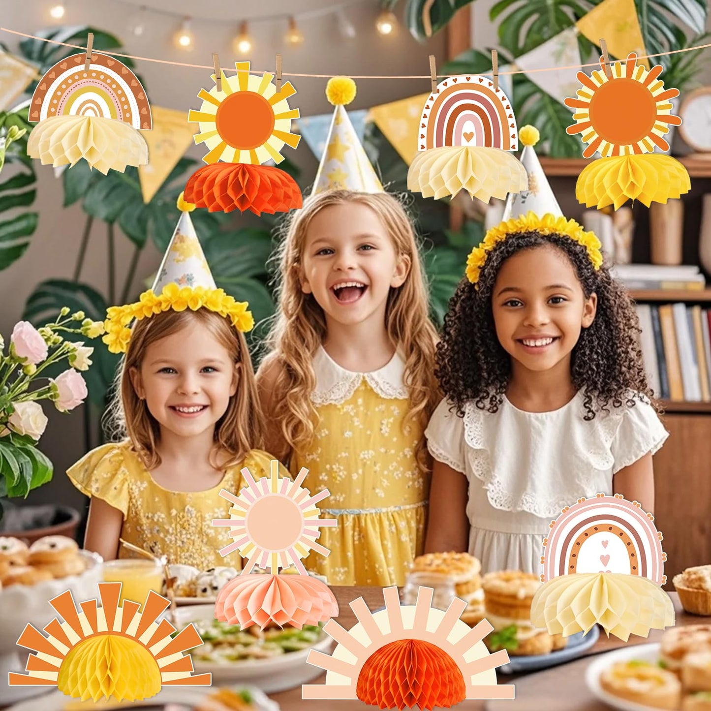 9pcs Boho Sun Honeycomb Centerpieces, First Trip Around The Sun Decorations, Boho Rainbow Sunrise Party Decorations, Sunshine Birthday Table Toppers