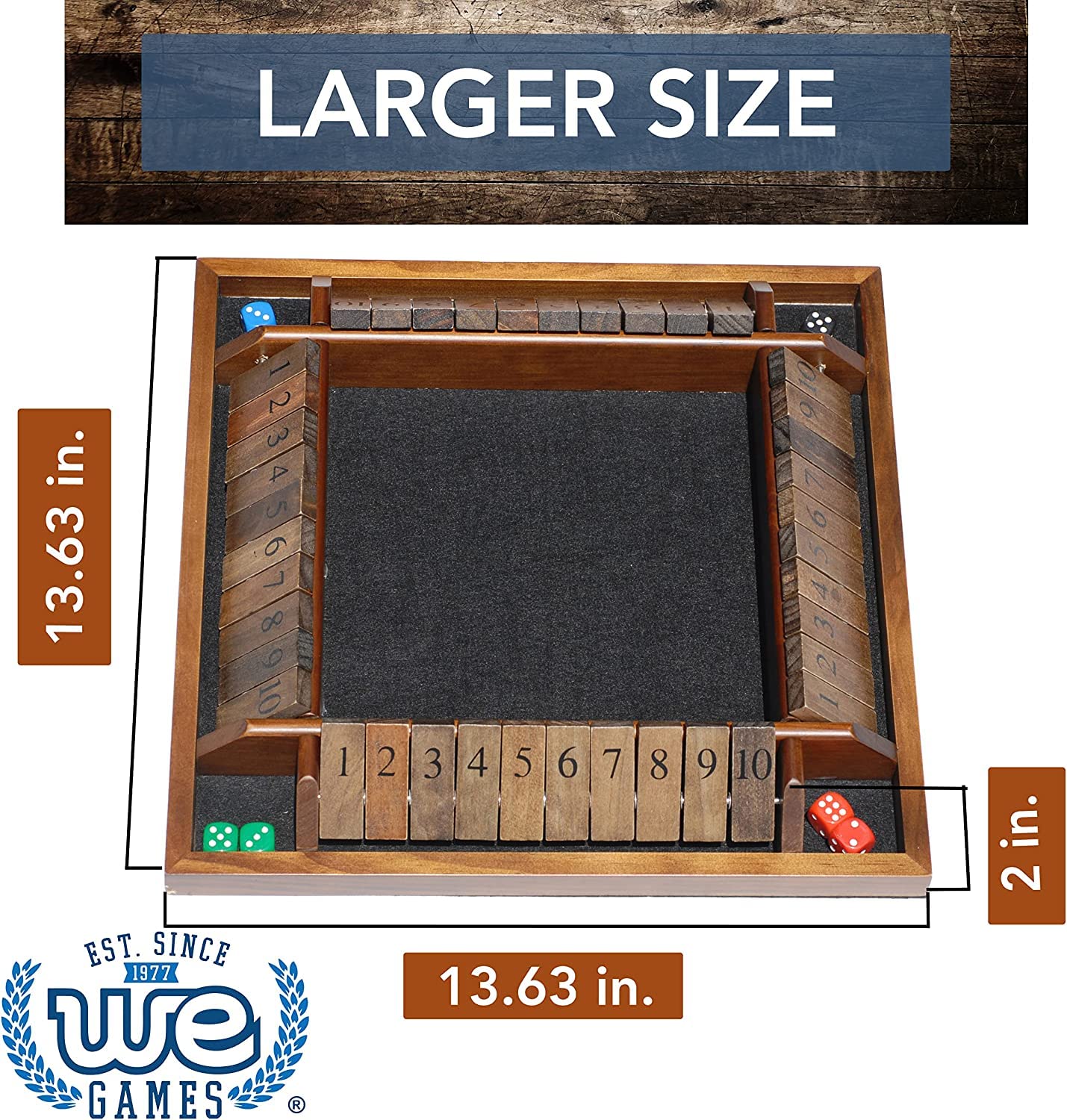 WE Games Shut the Box Board Game - Classic 4 Player Wooden Table Top Dice Game for Family Game Night, Walnut Stained Wood, 14 in., 10 Numbers