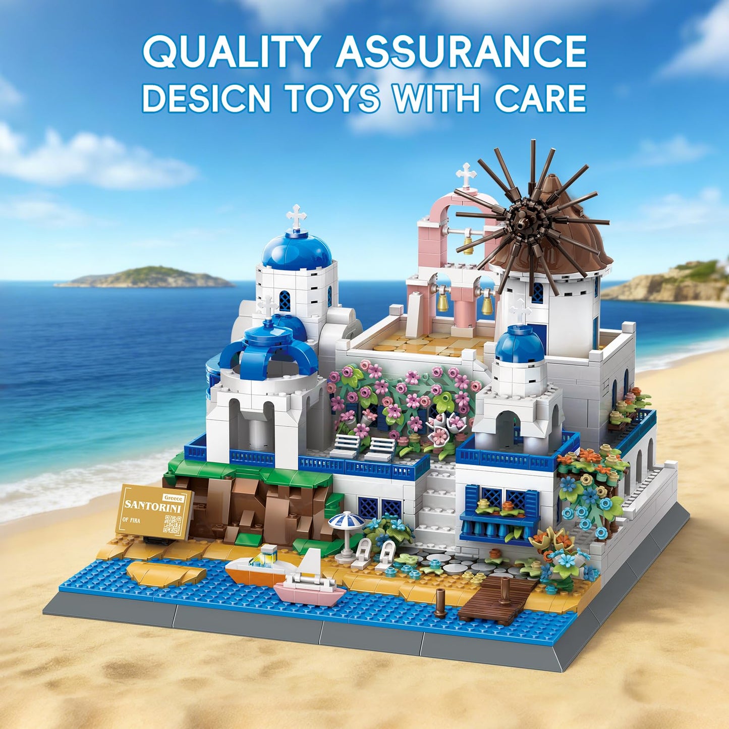 GHQYTPR Santorini Building Block Set 1372 Pcs Greece Aegean Sea Architecture Model Kit for Adults & Teens Romantic Island Skyline Construction Project