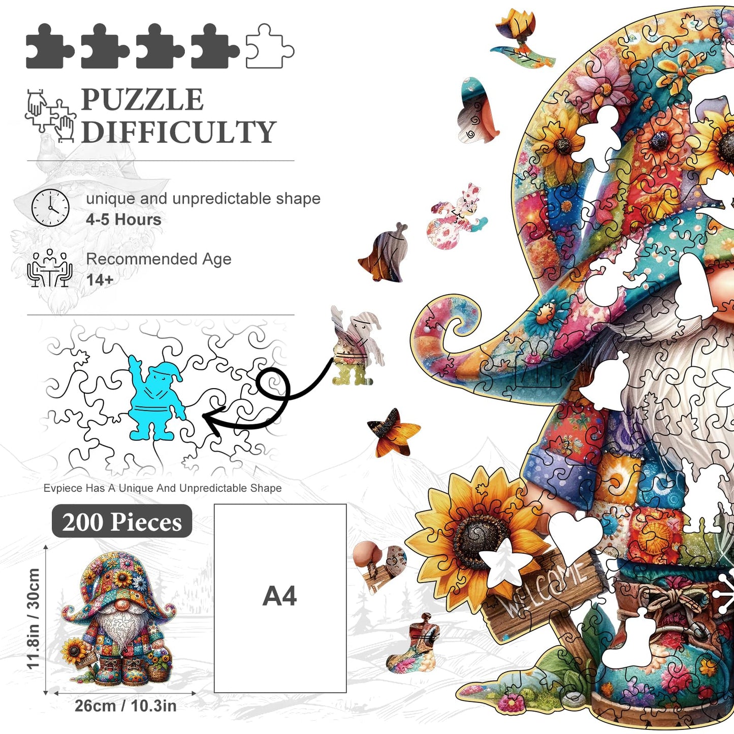 Hlison Wooden Jigsaw Puzzles, Gnome Wooden Puzzles for Adults with Unique Shape, Medium 10.3"x11.8" Wooden Puzzles with Exquisite Wooden Box Packaging