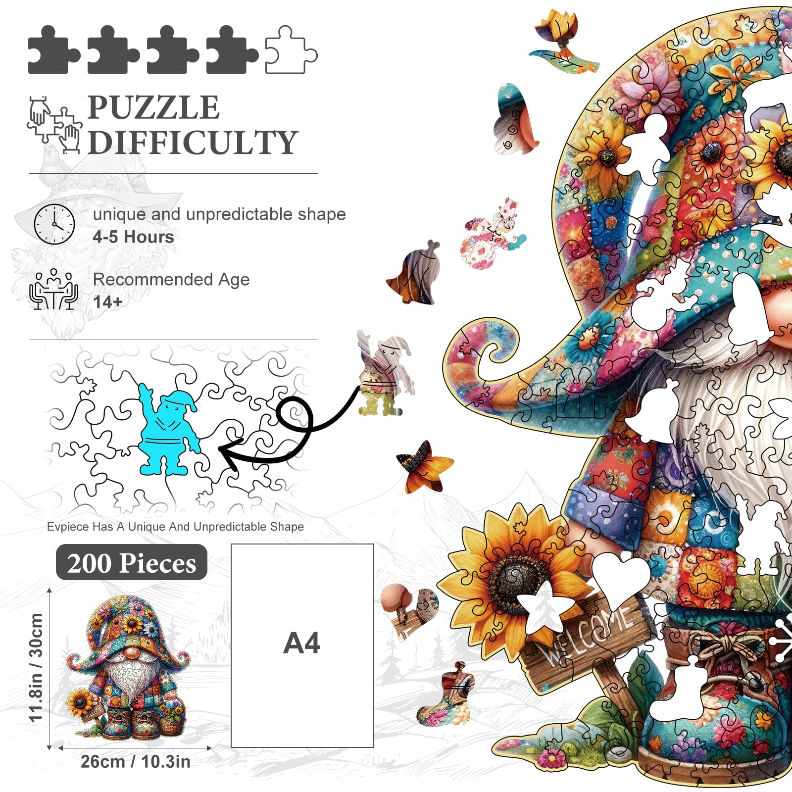 Hlison Wooden Jigsaw Puzzles, Gnome Wooden Puzzles for Adults with Unique Shape, Medium 10.3"x11.8" Wooden Puzzles with Exquisite Wooden Box Packaging