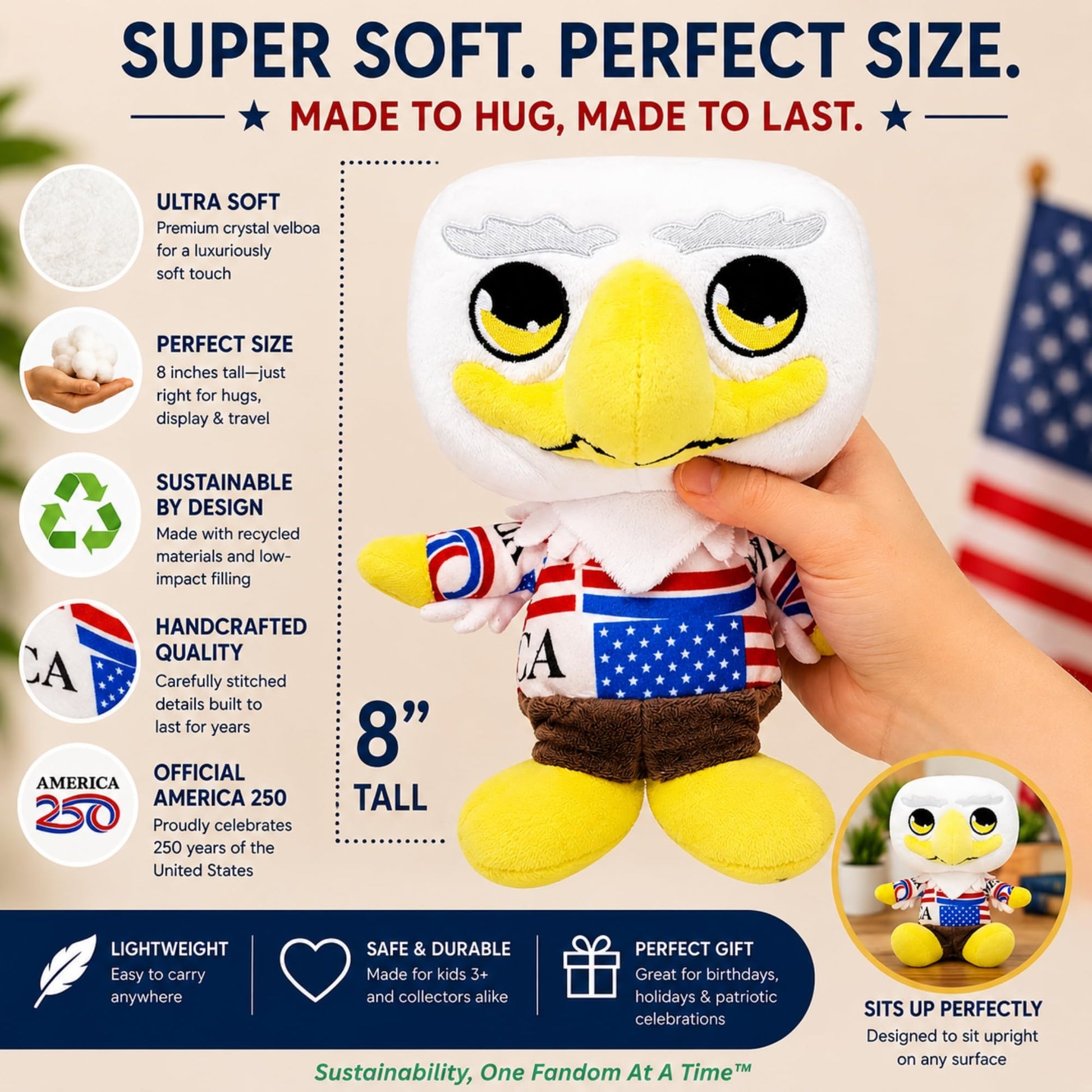 Grovii America 250 Patriotic Eagle Midori Plushie, 8” Official Chibi Plush, Sustainable + Handcrafted