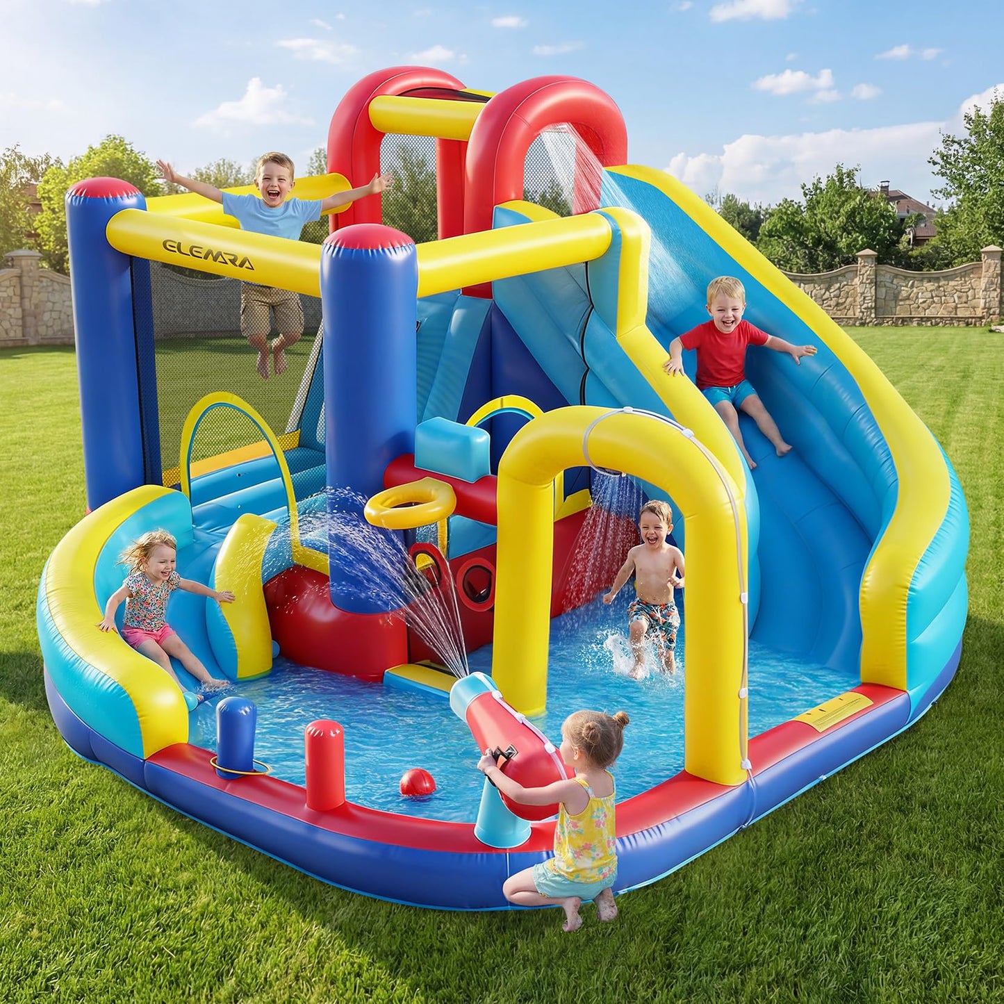 ELEMARA 10 in 1 Inflatable Water Slide Bounce House, Inflatable Bounce House with Blower, Dual Slides & Climbing Walls & Ring-toss Game & 2 Water