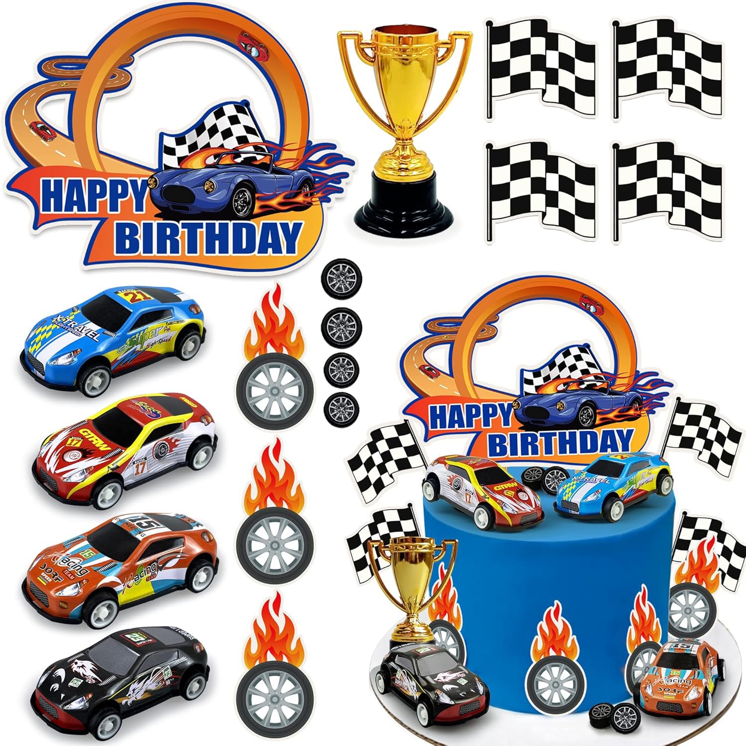 24PCS Race Car Happy Birthday Cake Decoration Race Car Cake Toppers Race Car Themed Birthday Party Supplies Boy and Girl Cake Decoration