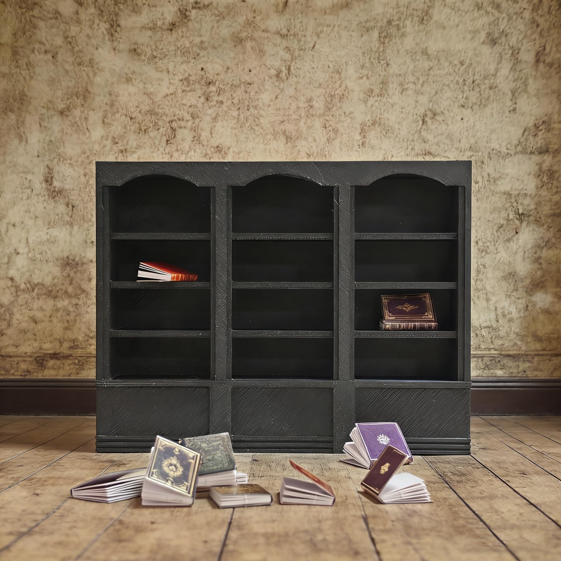1:18 Scale Large Wall Bookshelf for Dollhouse - 3D Printed Bookcase Model for Miniature Books Collection (Black)