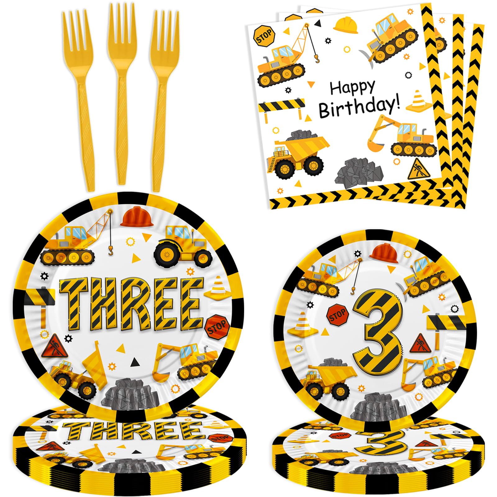 Letromp 80 Pcs Construction 3rd Birthday Decorations Construction Three Years Old Disposable Paper Dinner Plates Napkins Forks Dinnerware for Dump