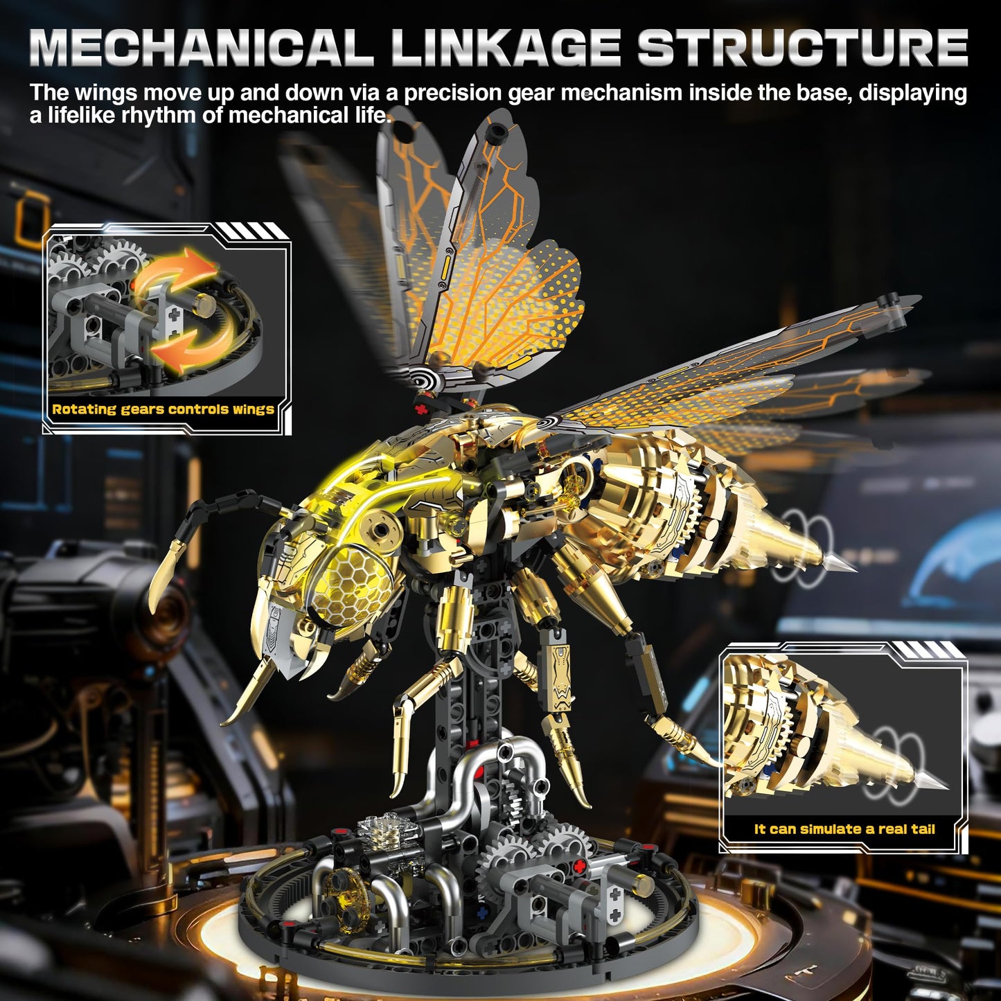 OrbBlaster Mechanical Bee Building Set for Adults, Technic Animal Building Block Insect Model with Lights & Moving Wings, Golden Robot Bee Collectible