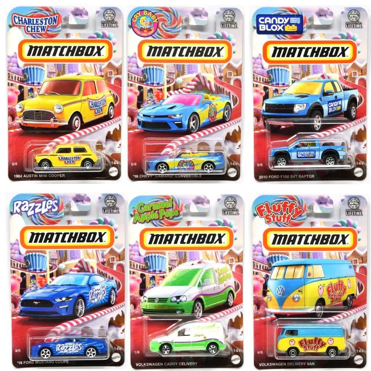 Matchbox Candy-Themed Die-Cast Car Collection 6-Pack Bundle, Limited Edition Vehicles with Charleston Chew, Razzles, Caramel Apple Pops, HVV75-979B