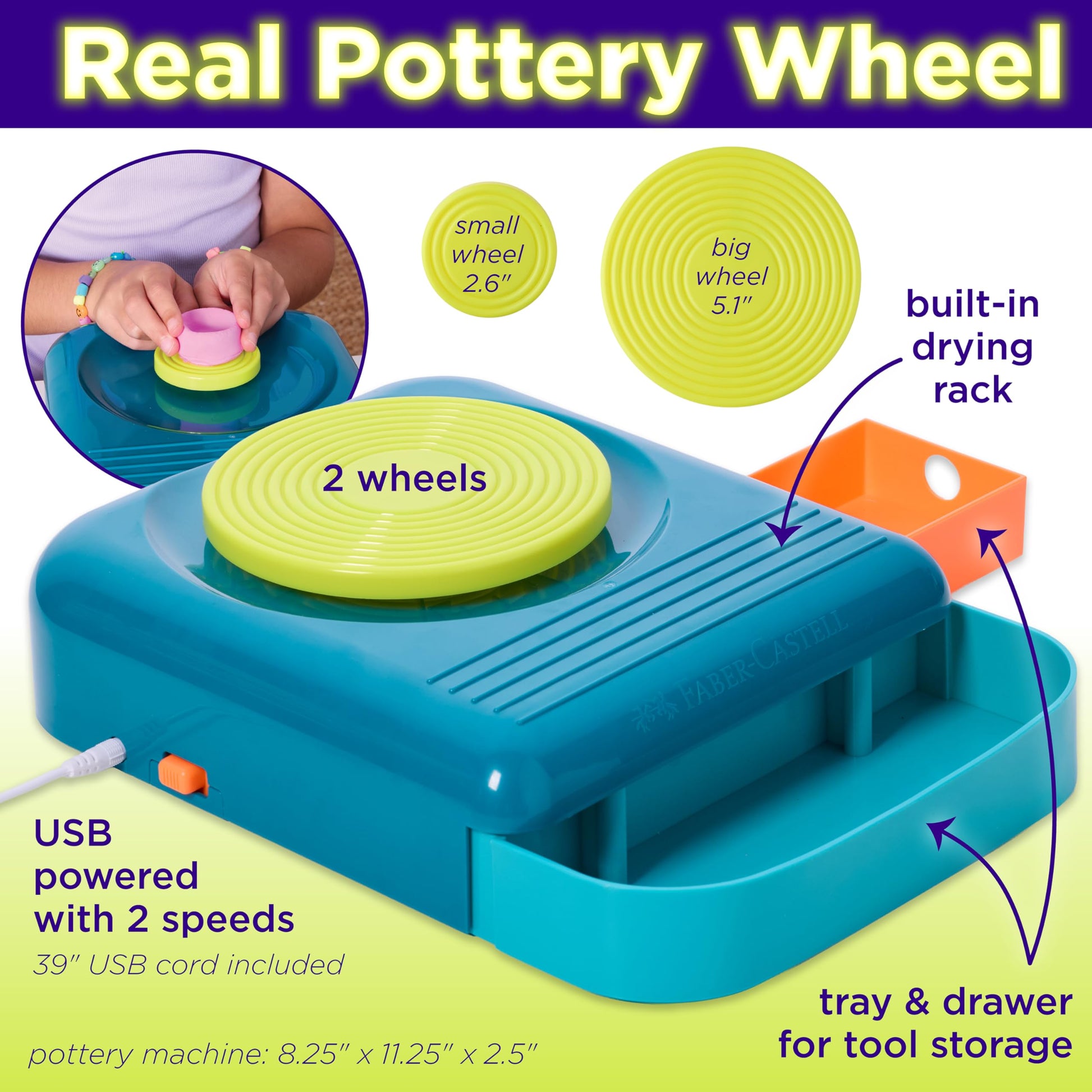 Faber-Castell Neon Glow Pottery Studio: Create Your Own Pottery Designs with USB-Powered Pottery Wheel, Air Dry Clay, Neon & Glow in The Dark Paints