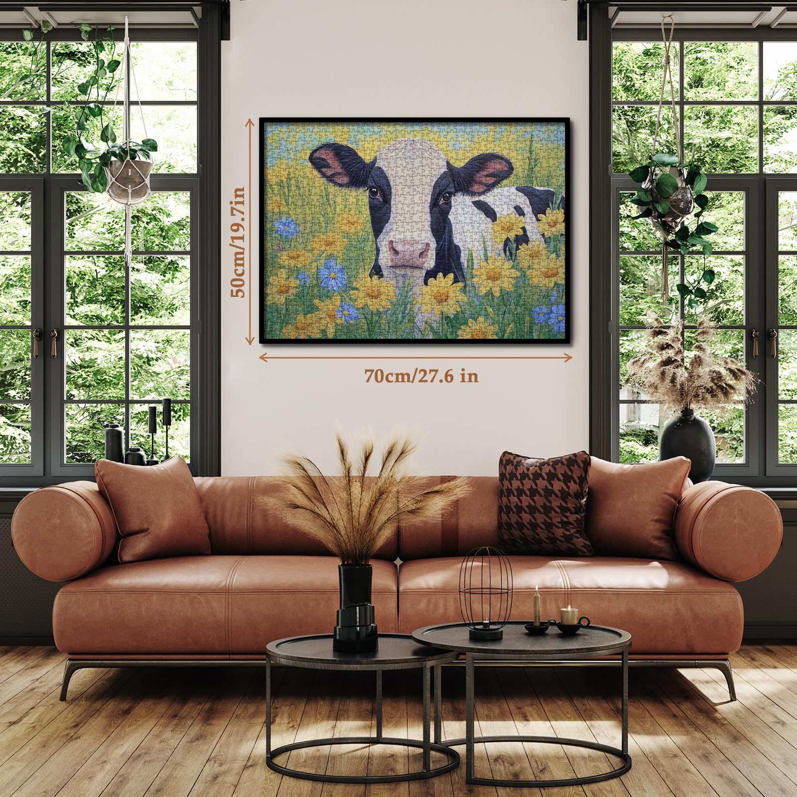 Larkipuzz Sunflower Cow Painting Jigsaw Puzzle 1000 Piece for Adult, Animal Flower Plant Nature Jigsaw Puzzles, Funny Art Beautiful Landscape Puzzle