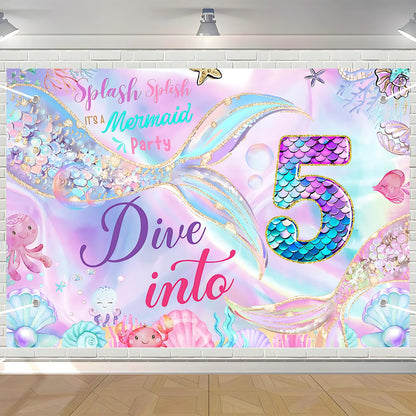Mermaid birthday decorations Mermaid 5th Happy Birthday Backdrop Banner for Girls Party Under The Sea Birthday Party Decorations 5th birthday mermaid