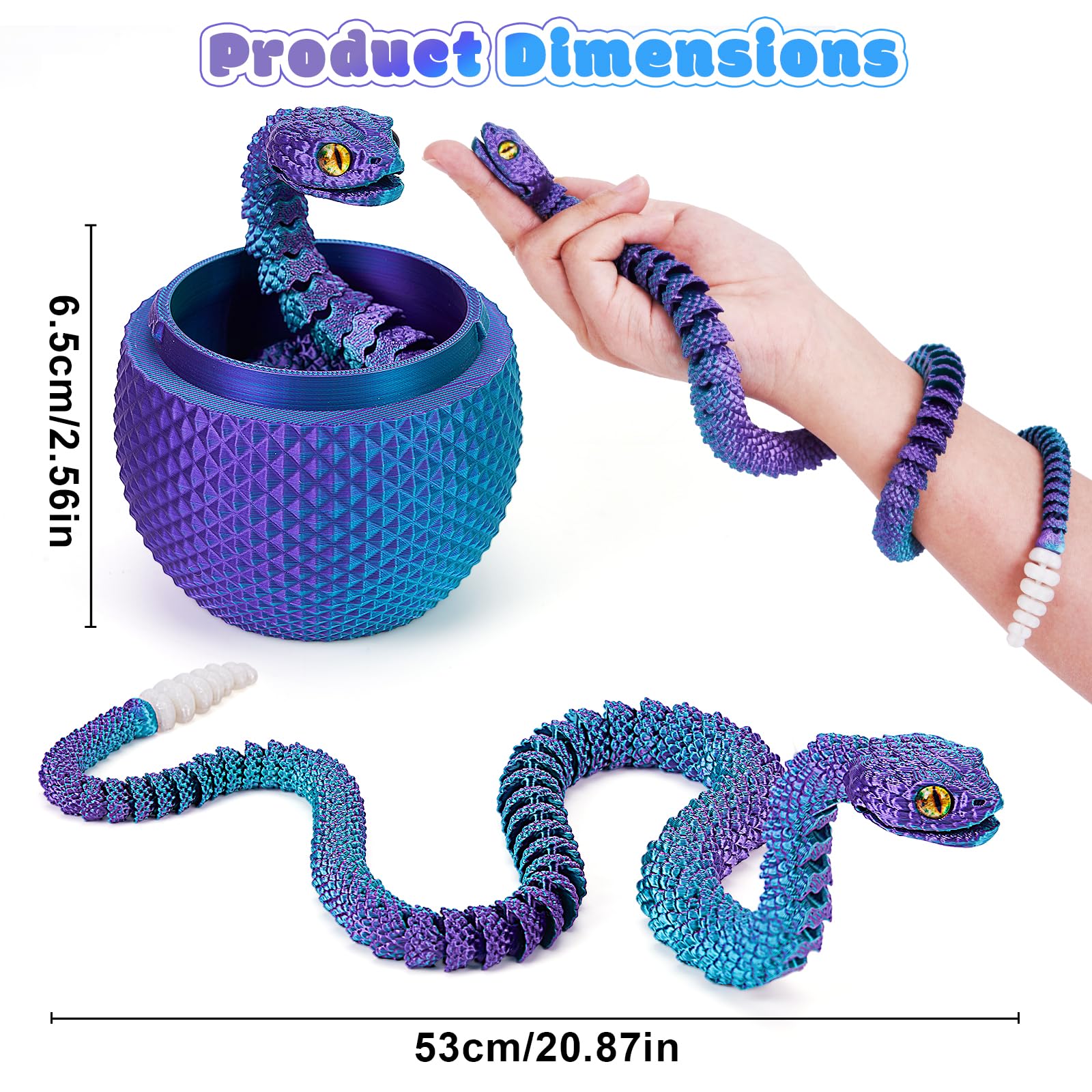 3D Printed Snake Eggs, Easter Egg Filled with Toy - Basket Essentials for Kids Boy Girls, Flexible Articulated 3D Printed Animal Fidget Toys (Cyan