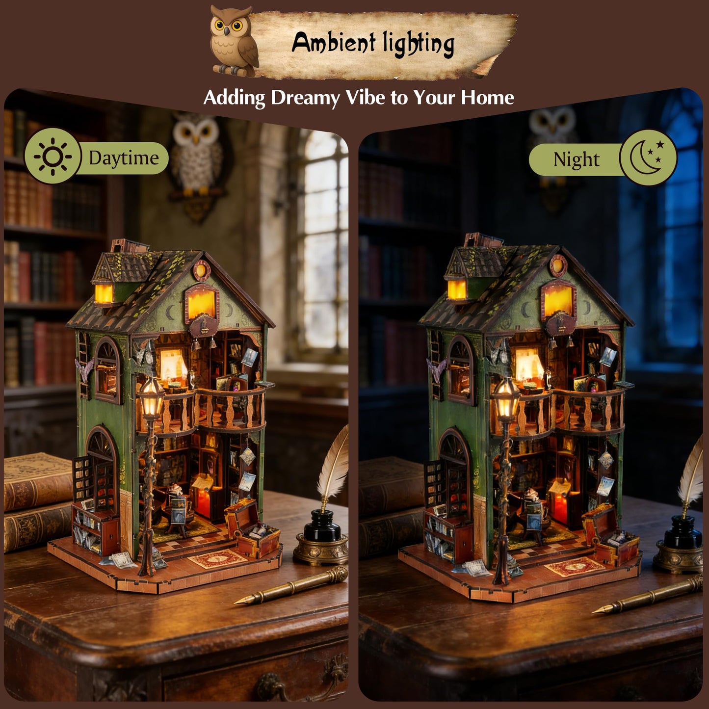 DIY Book Nook Kit | Miniature House Kit with LED Lights | 3D Wooden Puzzles for Adults & Teens | Creative Model Building Kit | Unique Bookshelf Decor