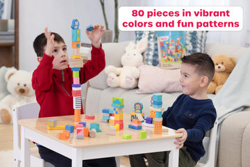 Jasey's Toy Chest Build & Imagine Wooden Blocks | 80-Piece Educational Building Set with Animal & Shape Blocks | Toddlers Ages 12+ Months