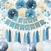 Dusty Blue Party Decorations with Sand Gold Balloons, Happy Birthday Banner, Paper Pompoms, Star Banner for Boys Kids Party Decor (blue)