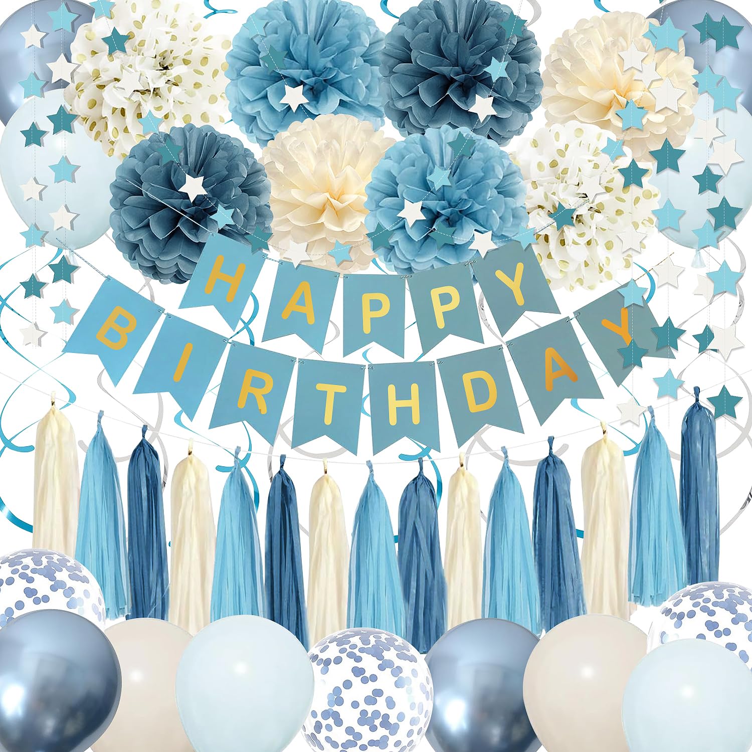 Dusty Blue Party Decorations with Sand Gold Balloons, Happy Birthday Banner, Paper Pompoms, Star Banner for Boys Kids Party Decor (blue)