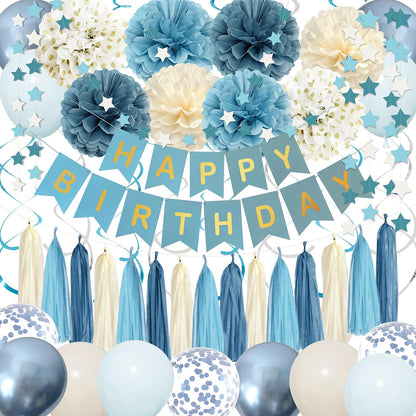 Dusty Blue Party Decorations with Sand Gold Balloons, Happy Birthday Banner, Paper Pompoms, Star Banner for Boys Kids Party Decor (blue)