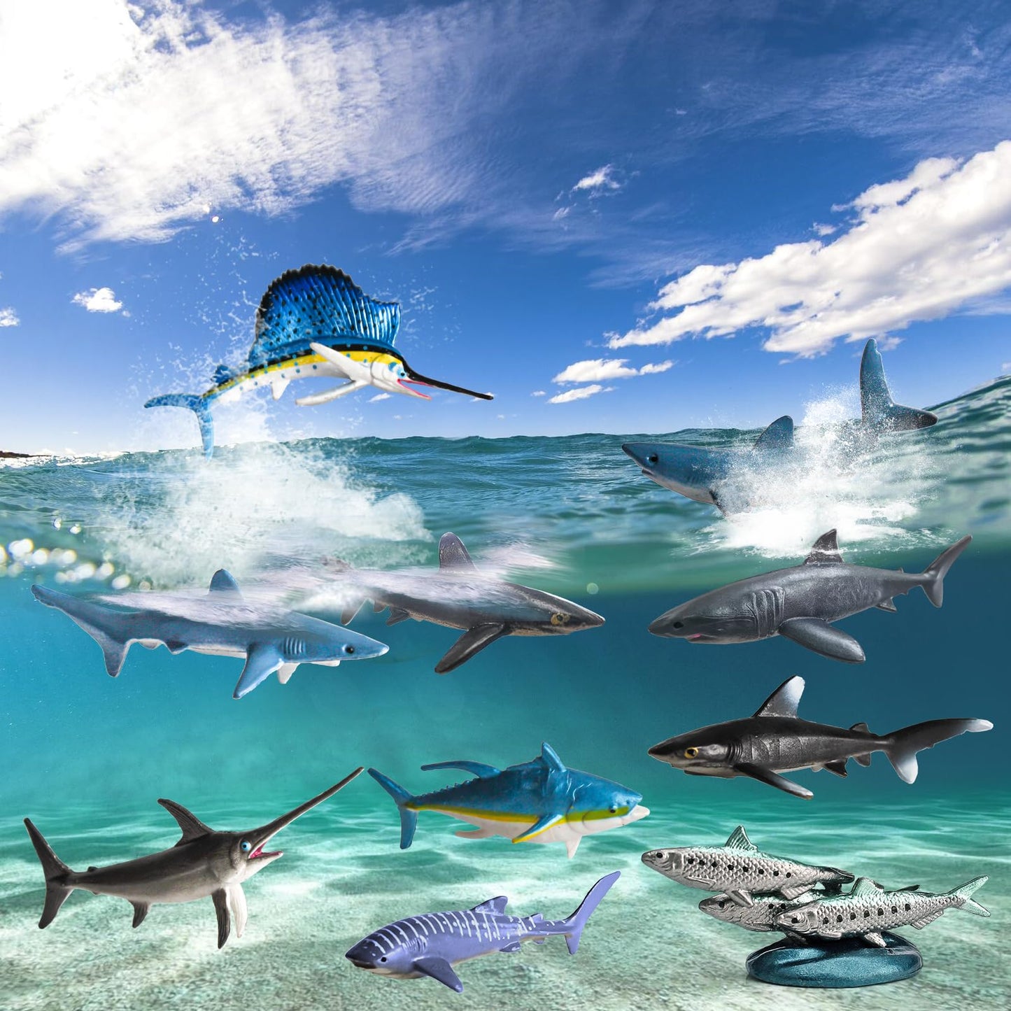 BRETOYIN 10PCS Mini Ocean Animals Sharks Fish Creatures Educational Sea Science Toy Set - Animal Figurines, Sailfish Figure - Bulk Kids Birthday Gift