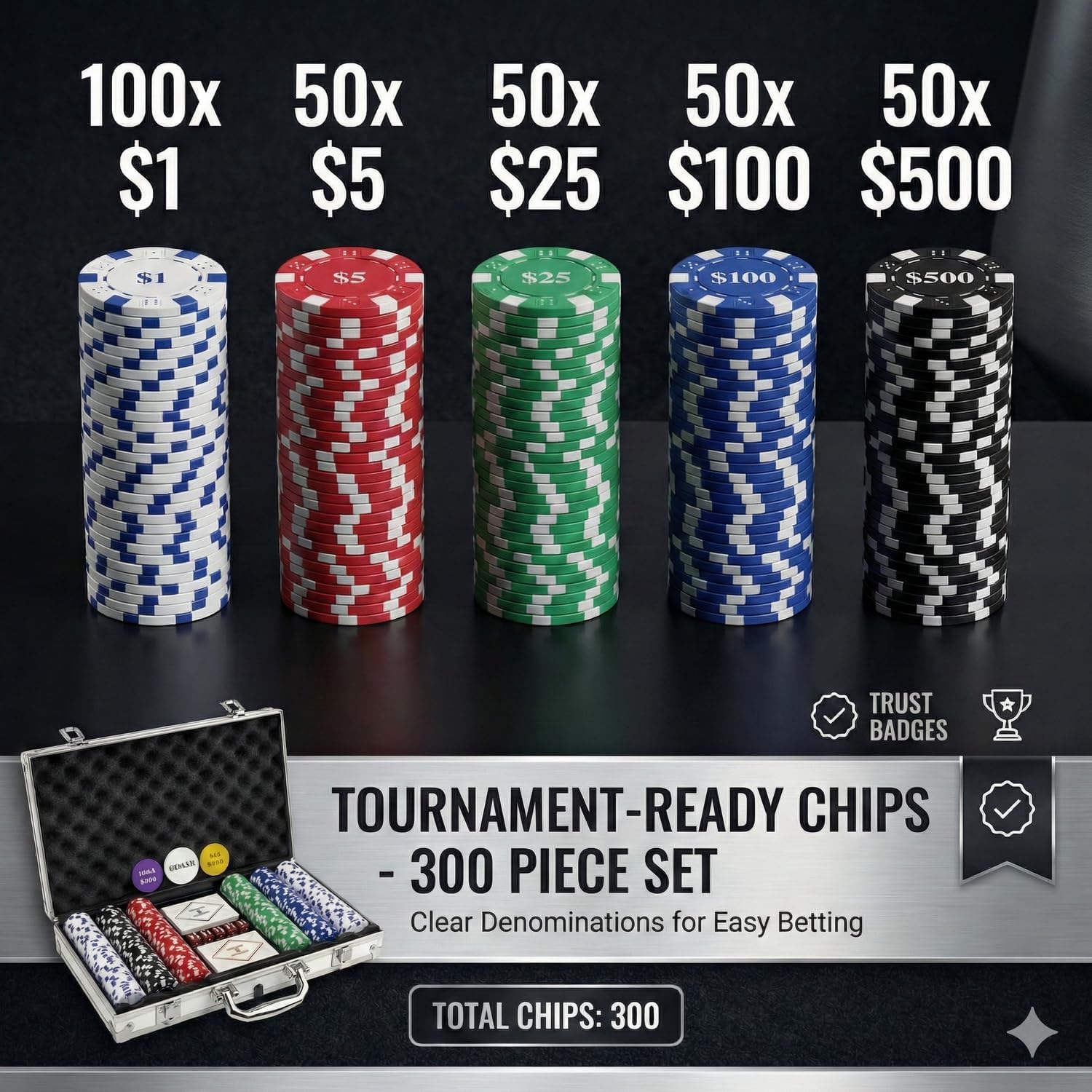 HEITOK 300pc Poker Chip Set 11.5g Iron Core Denominations Texas Holdem