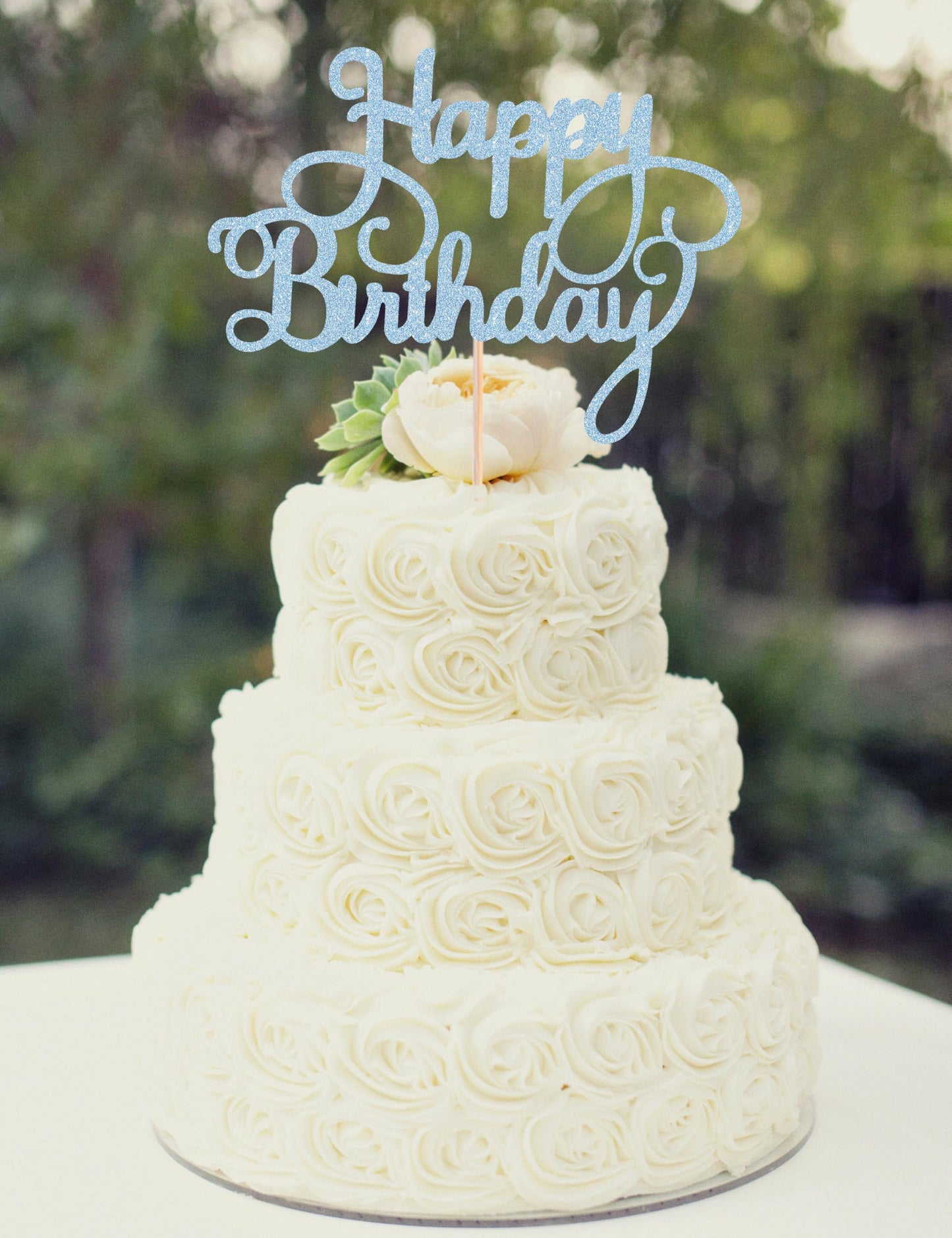 AHAORAY Happy Birthday Cake Topper - Light Blue Glitter Happy Birthday Cake Bunting Decor - Birthday Party Cake Decoration Supplies, for Photo Booth