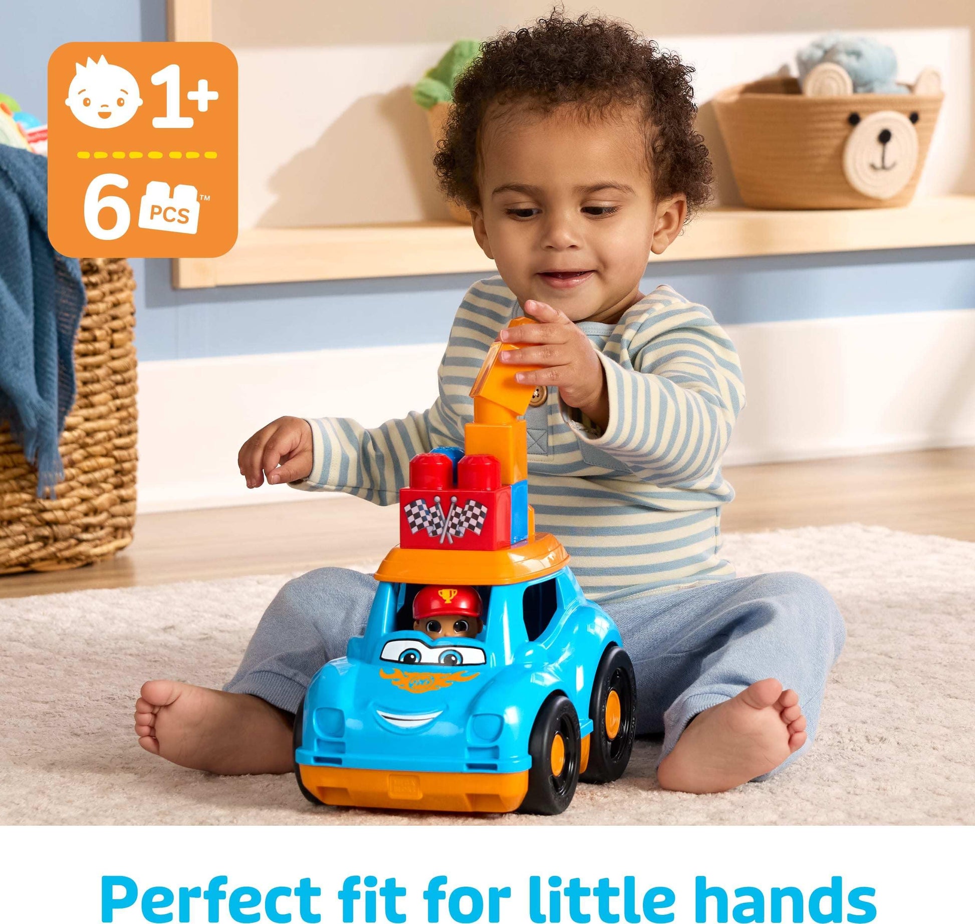 Mega Bloks First Builders Toddler Building Blocks Toy Set, Ricky Race Car with 6 Pieces and Storage, 1 Figure, Blue, Ages 1+ Years