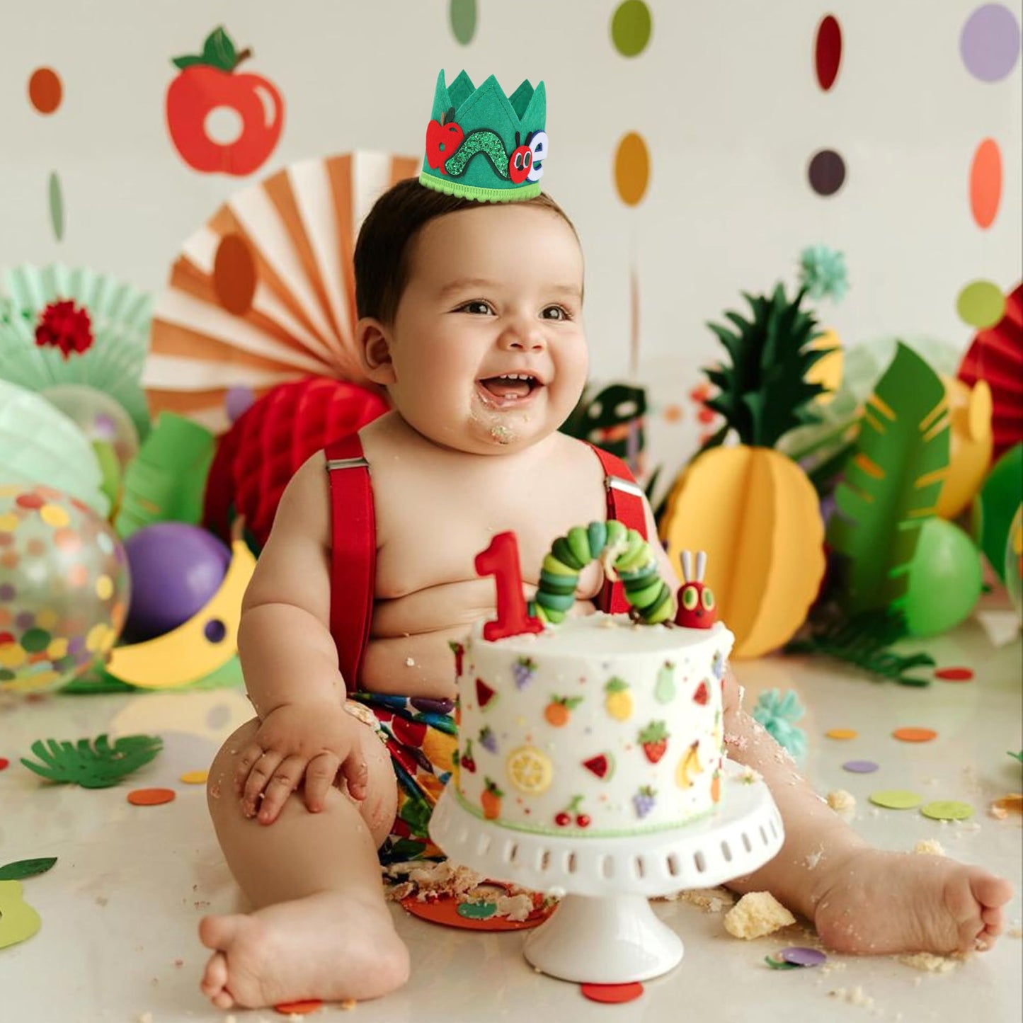 Caterpillar 1st Birthday Crown - Fruit Themed 1st Birthday Party Decorations, Caterpillar Smash Cake Party Crown, Boys Photo Props, Fruit Party Hat