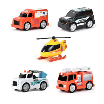 Sunny Days Entertainment Micro Mini City Vehicles - Rescue Toy Car and Truck Set for Kids | Firetruck Helicopter Police Ambulance | Free Wheeling