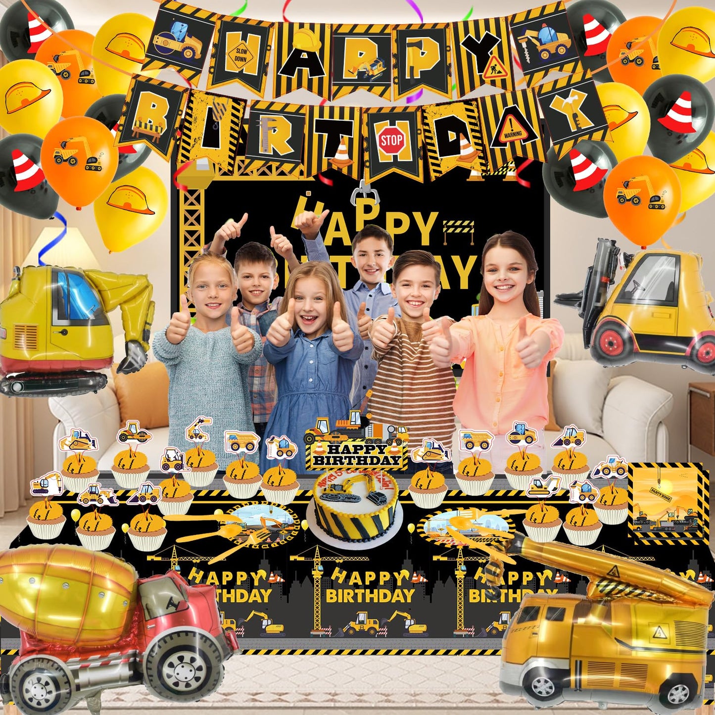 Construction Birthday Party Decorations Kit, Theme Style Party Supplies Include Birthday Banner, Backdrop, Tableware Set, Tablecloth, Hanging Swirls