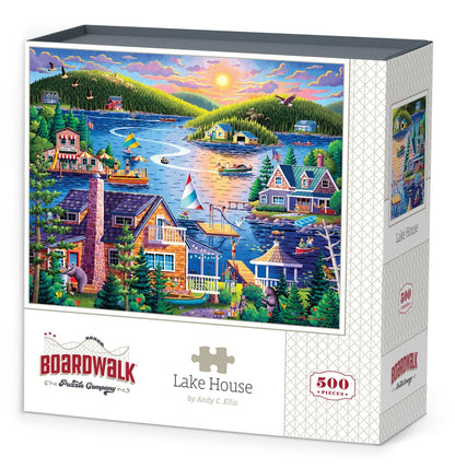 Boardwalk Lake House 500 Piece Jigsaw Puzzle Summer Scenic Cabin Puzzles with Premium Box, Gift for Adults and Family 16"x20"