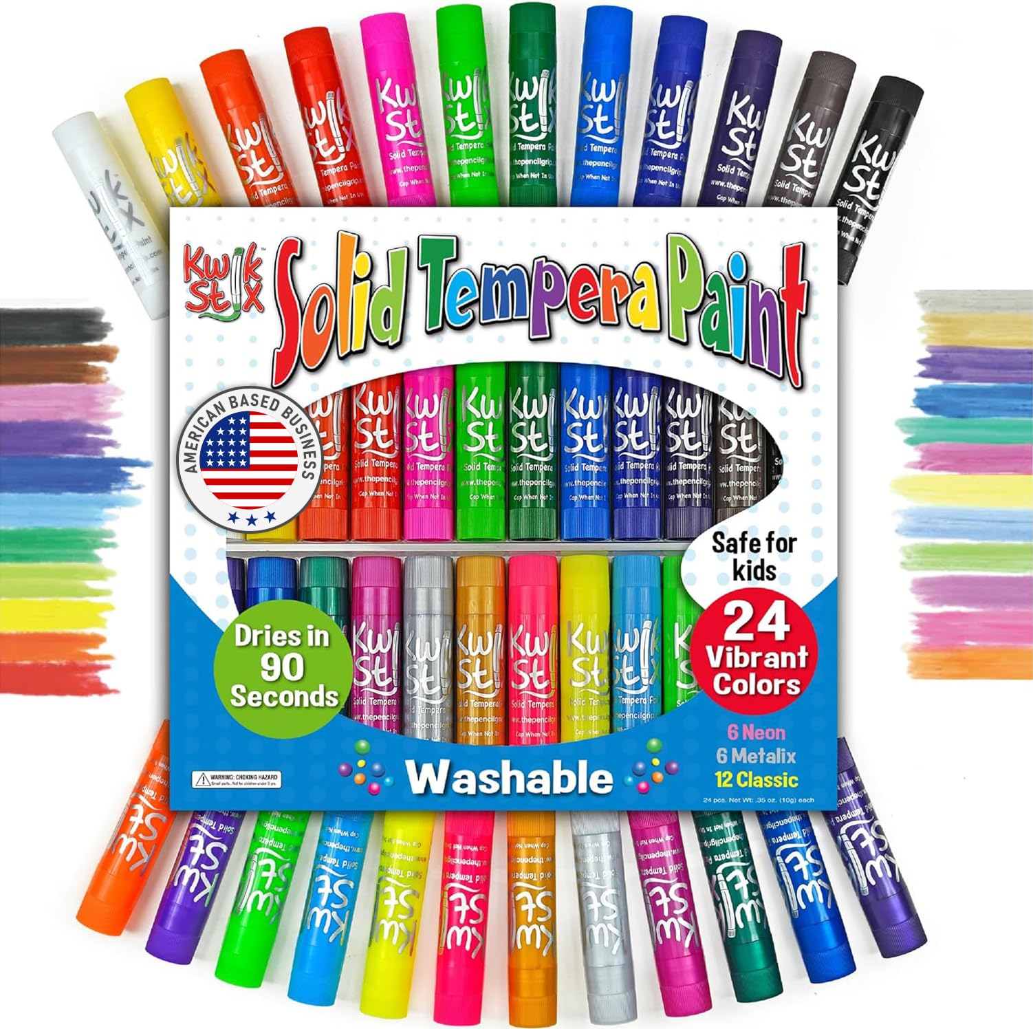 Kwik Stix Solid Tempera Paint Sticks, 24 Colors, Washable Paint Sticks for Kids, Non-Toxic, Quick Drying, Allergen Free, Comes in Classic, Metallic
