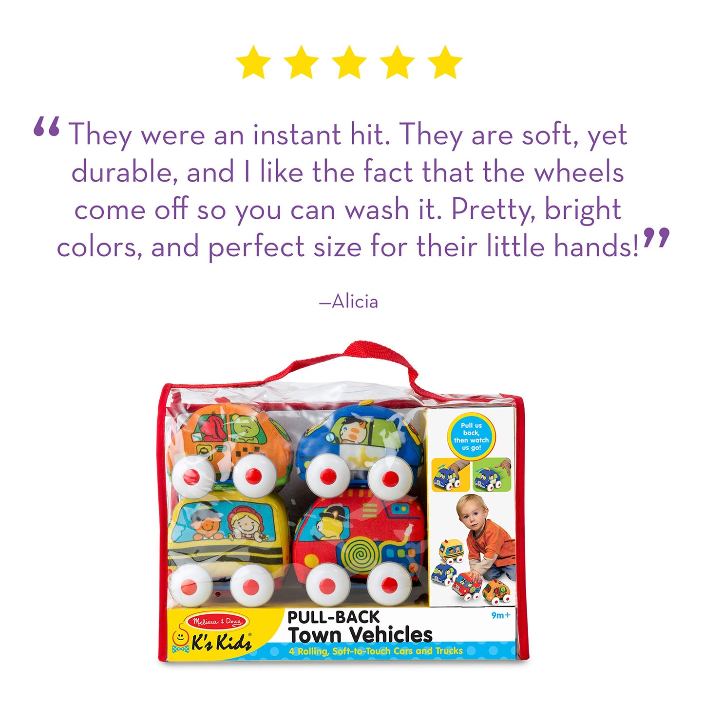 Melissa & Doug K's Kids Pull-Back Town Vehicle Set - Baby Toys Set with 4 Soft Toy Cars and Trucks, Surface Washable with Removable Wheels, Learning