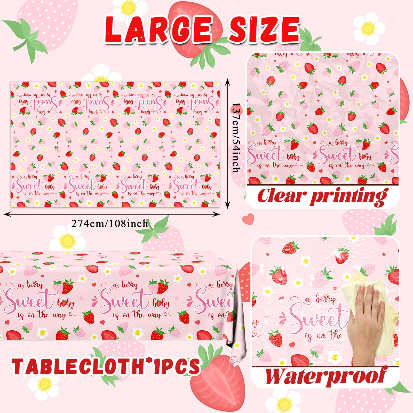 Strawberry Baby Shower Decorations Tablecloth, 3Pcs A Berry Sweet Baby is on The Way Decorations Strawberry Tablecloth, Sweet Baby Table Cover