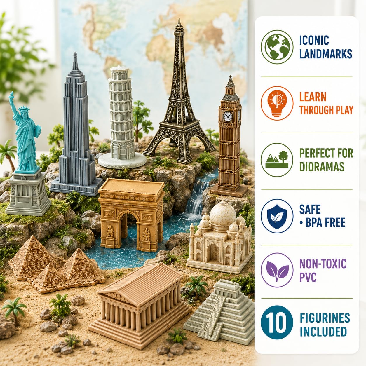 Safari Ltd. Around The World TOOB - 10 Figurines: Leaning Tower of Pisa, Eiffel Tower, Taj Mahal, Statue of Liberty, Giza Pyramids, & More