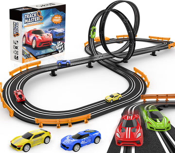 Slot-Car-Race-Track-Sets for Boys Kids, Battery or Electric Race Car Track with 4 High-Speed Slot Cars, Dual Racing Game 2 Hand Controllers Circular