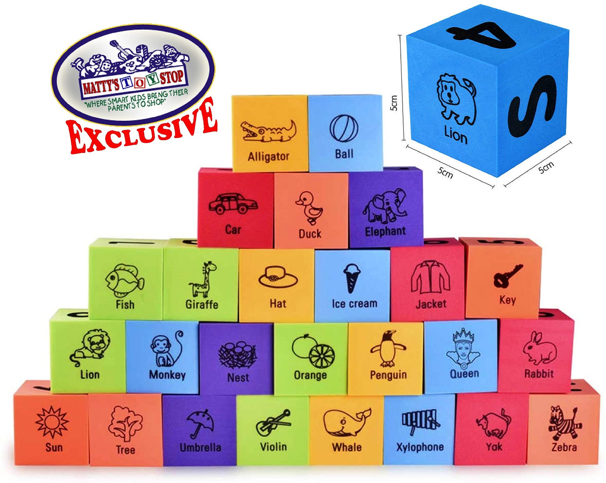 Matty's Toy Stop Deluxe 2" EVA Foam Colorful Building Blocks (30 PCS) Featuring Abc's, Numbers & Pictures with Bonus Storage Bag
