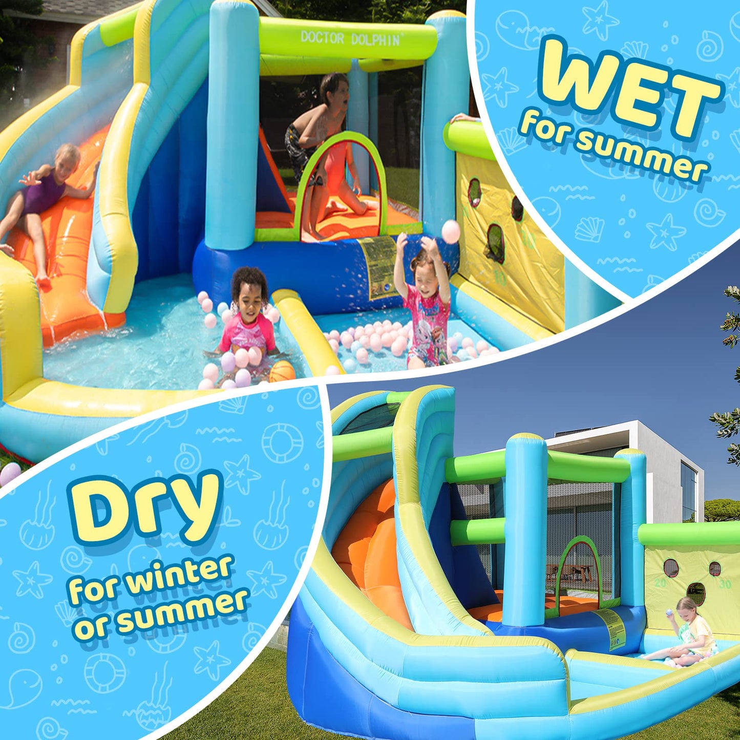 Doctor Dolphin Inflatable Water Slide, Water Bounce House for Kids, Waterslide Bounce House for Backyard, Blow Up Bouncy House for Outdoor Wet and Dry