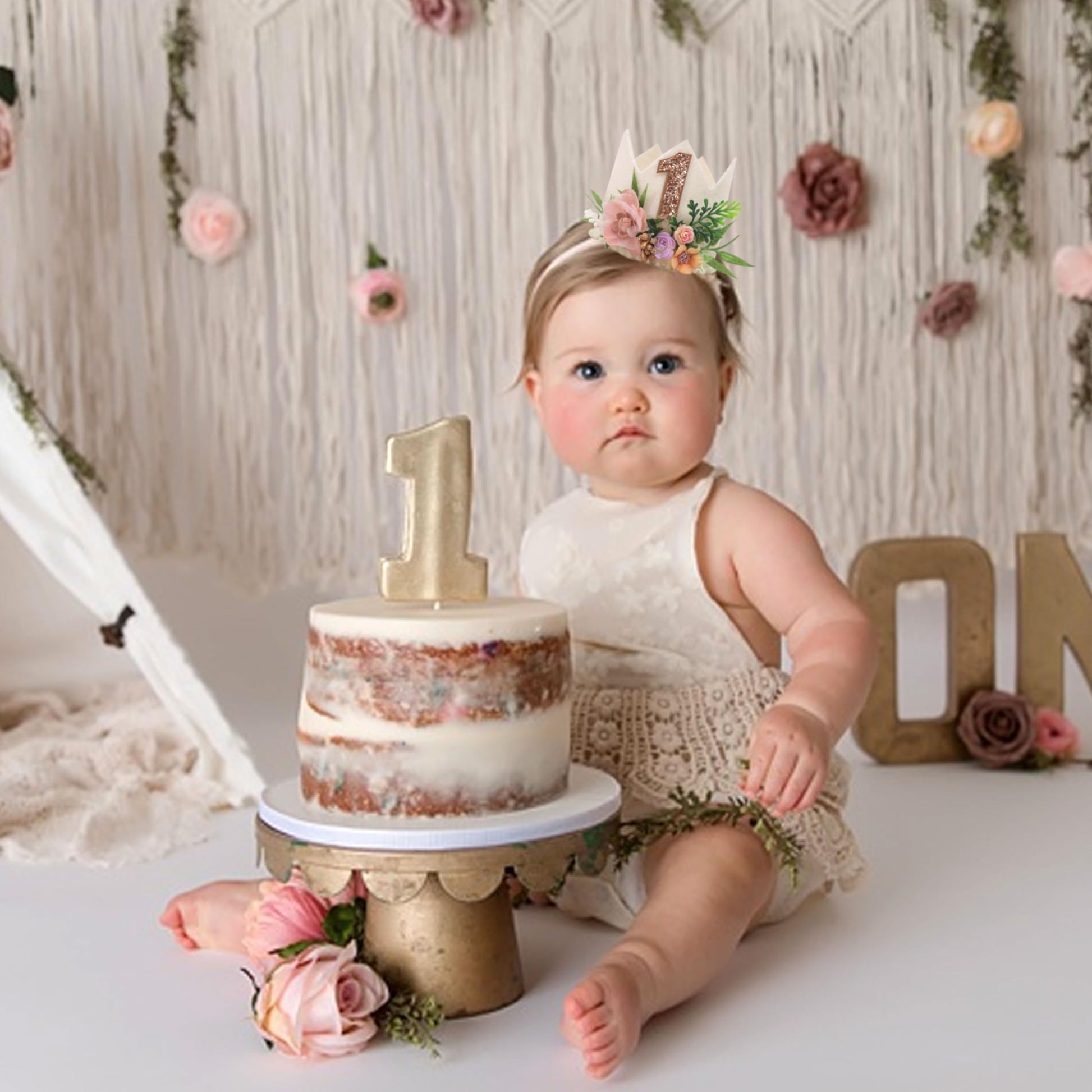 MADENG Floral Greens 1st Birthday Outfit - Bohemian Woodland Camping Party Decorations, Girl's Froal One Birthday Hat and Leaf Crown