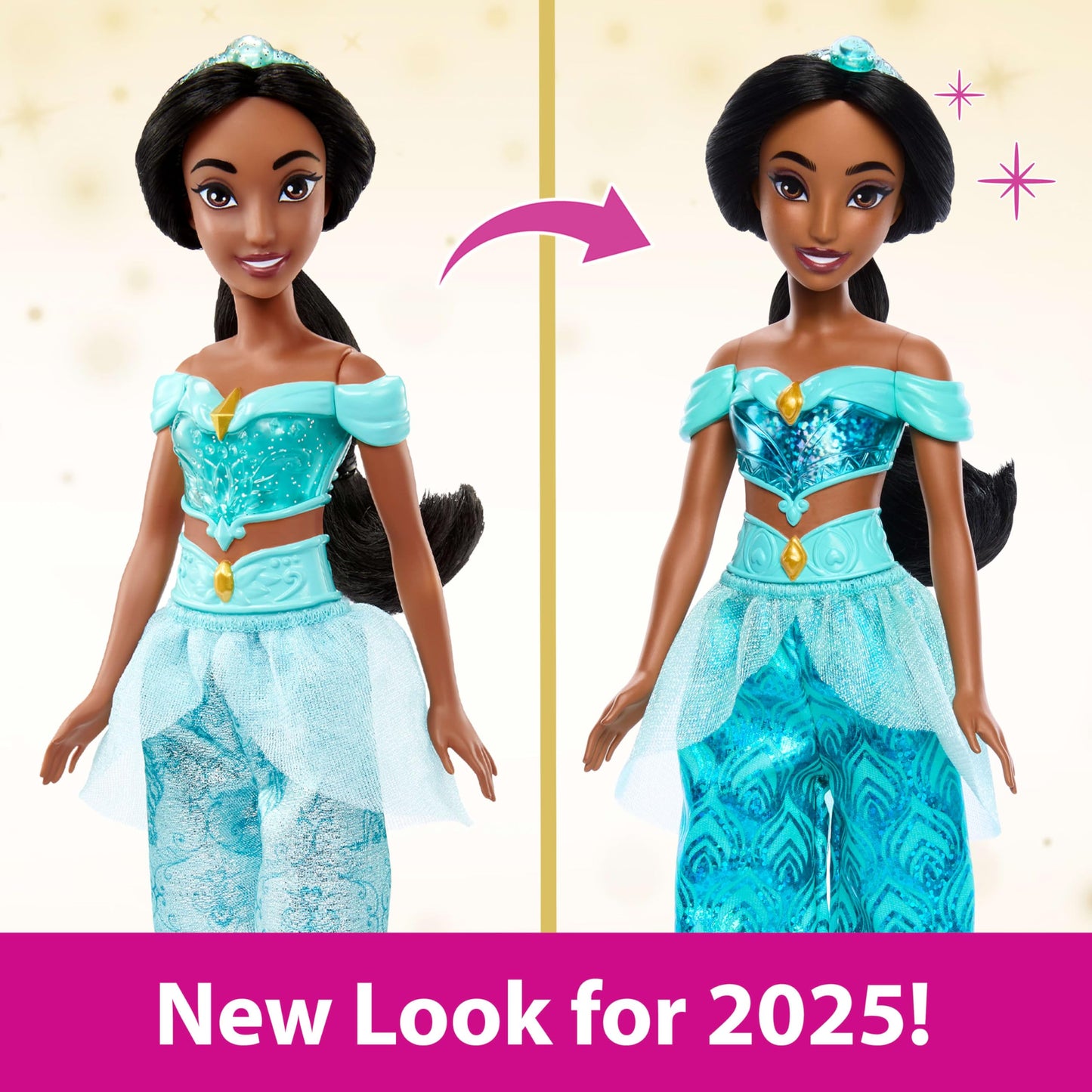 Mattel Disney Princess Jasmine Doll in Sparkling Fashion with Removable Pants, Tiara and Shoes, Posable & Collectible, Inspired by Aladdin Movie