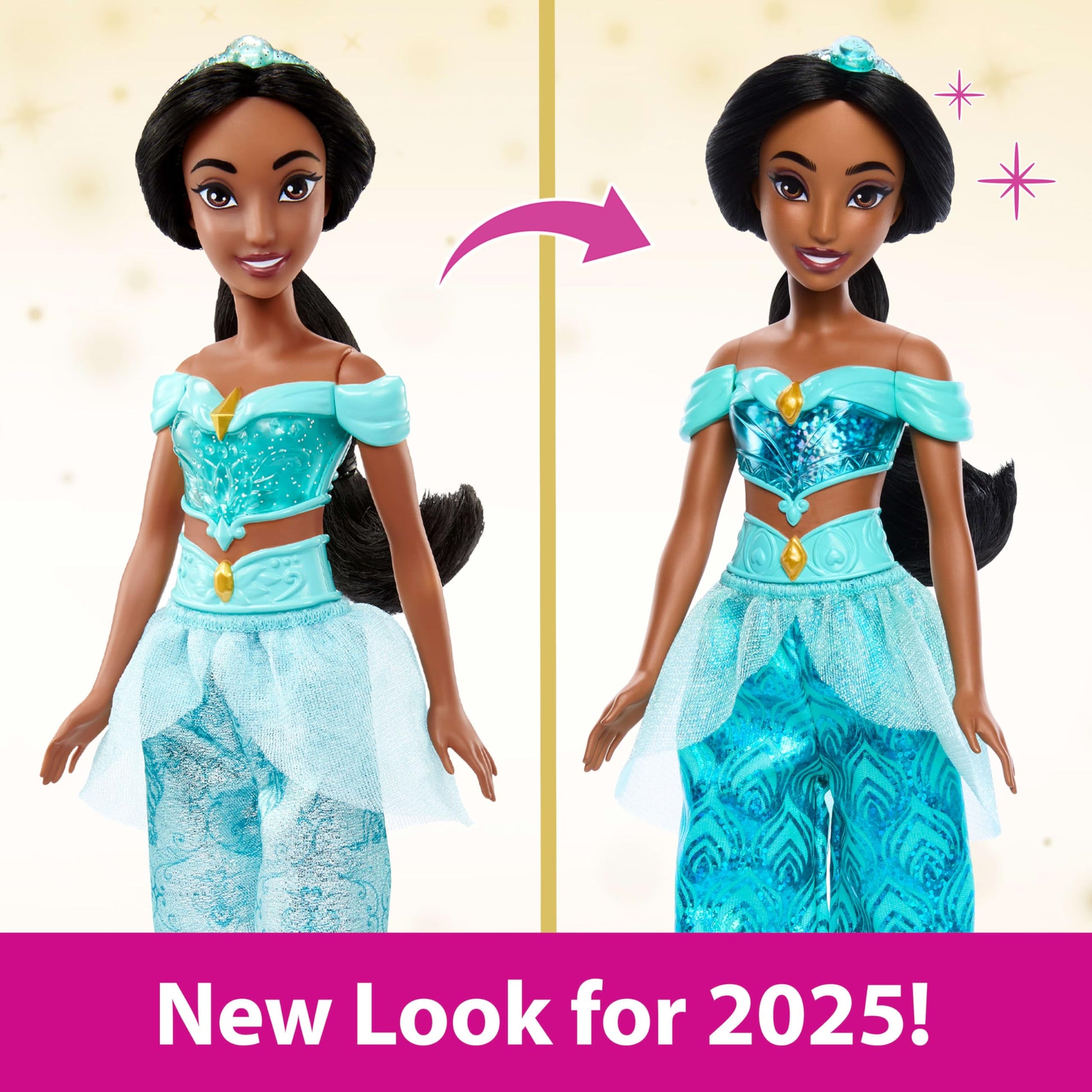 Mattel Disney Princess Jasmine Doll in Sparkling Fashion with Removable Pants, Tiara and Shoes, Posable & Collectible, Inspired by Aladdin Movie