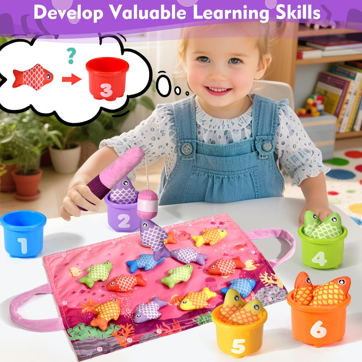 BAHIAKLO Montessori Toys for 1 Year Old Girl Gifts, Pink Cloth Fishing Toy for Toddler 1-3, Fine Motor Skills Toy Sorting Learning Baby Toys 6-12-18