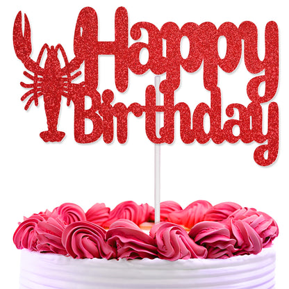 Happy Birthday Cake Topper - Red Glitter Lobster Theme Party Decoration, Seafood Crawfish Boil Birthday Party Supplies (Red)
