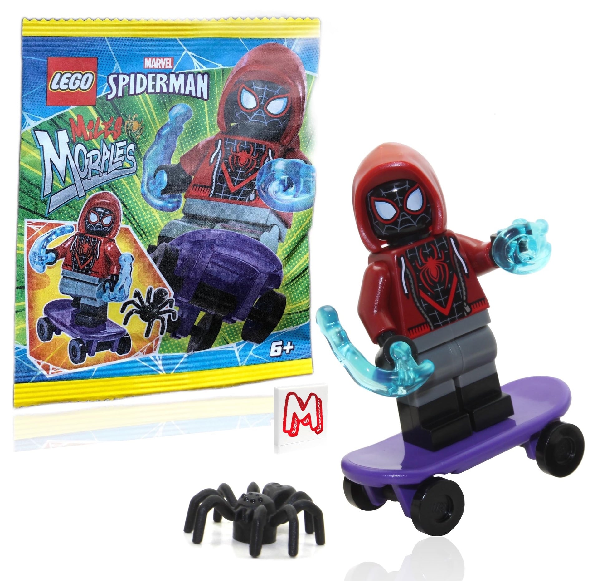 LEGO Marvel Superheroes Spider-Man Across The Spider-Verse Minifigure - Miles Morales Minifigure with Skateboard, Spider, Cool Web Blasts,