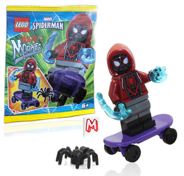 LEGO Marvel Superheroes Spider-Man Across The Spider-Verse Minifigure - Miles Morales Minifigure with Skateboard, Spider, Cool Web Blasts,