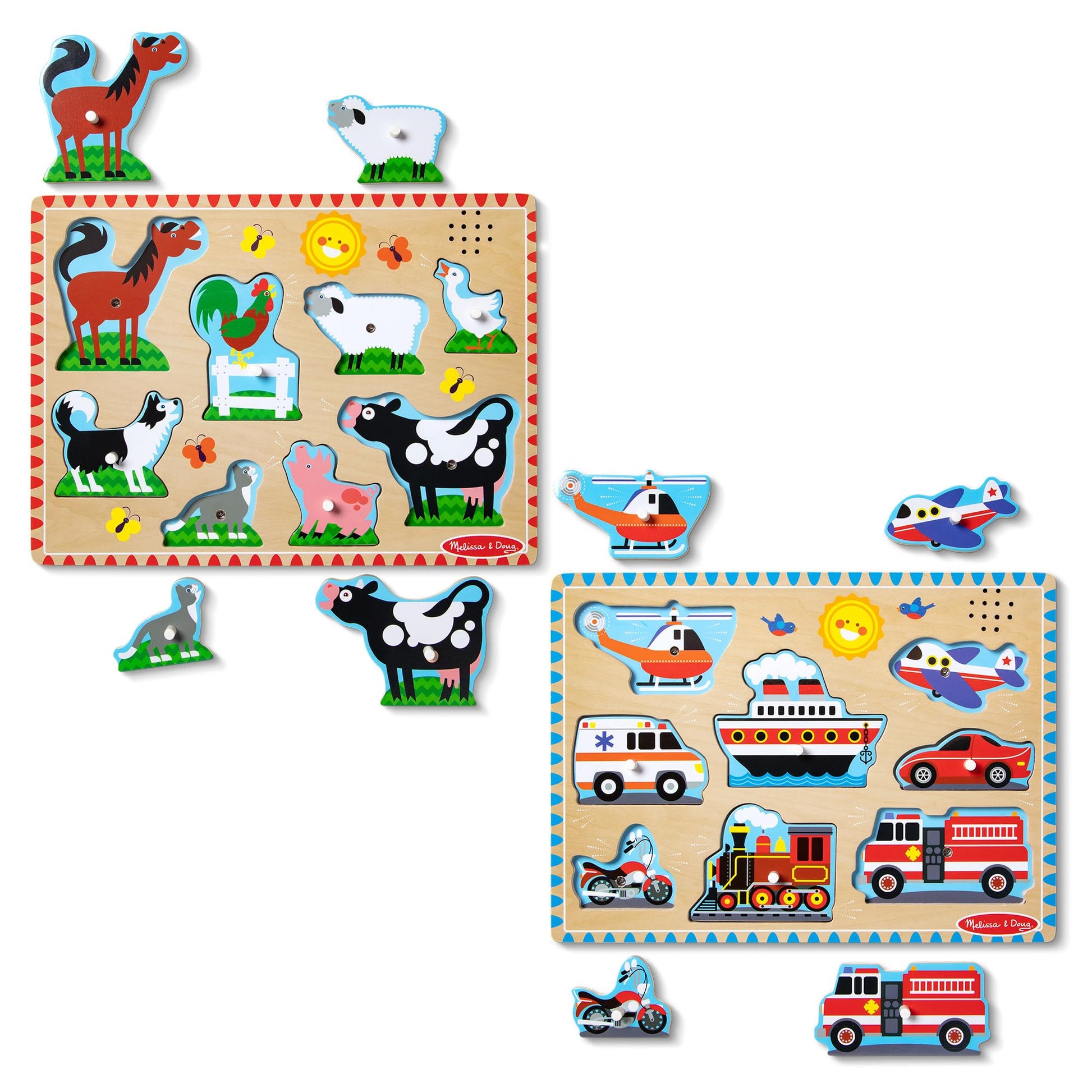 Melissa & Doug Wooden Light-Activated Sound Puzzle 2-Pack for Toddler and Preschool Boys and Girls - Farm Animals, Vehicles