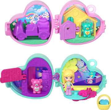 Polly Pocket x Sweethearts, Micro Doll & 2 Playsets with 7 Themed Accessories & Keychain Clip, Travel Toy, Partnership Compact