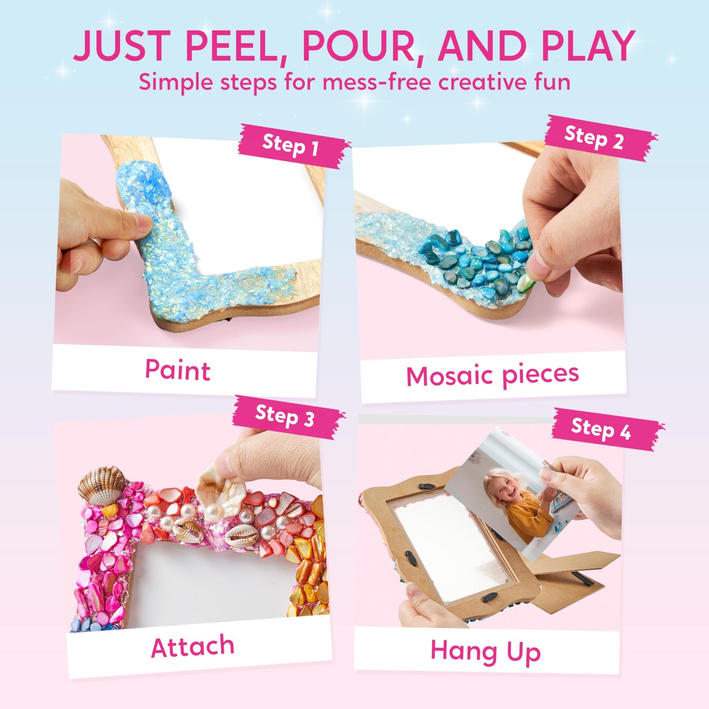 JOVA Klever Kits Mosaic Photo Frame Craft Kit, DIY Crafts for Girls 8-12 6 7 Years Old Girl Gifts Summer Activities, Make Your Own Picture Frame