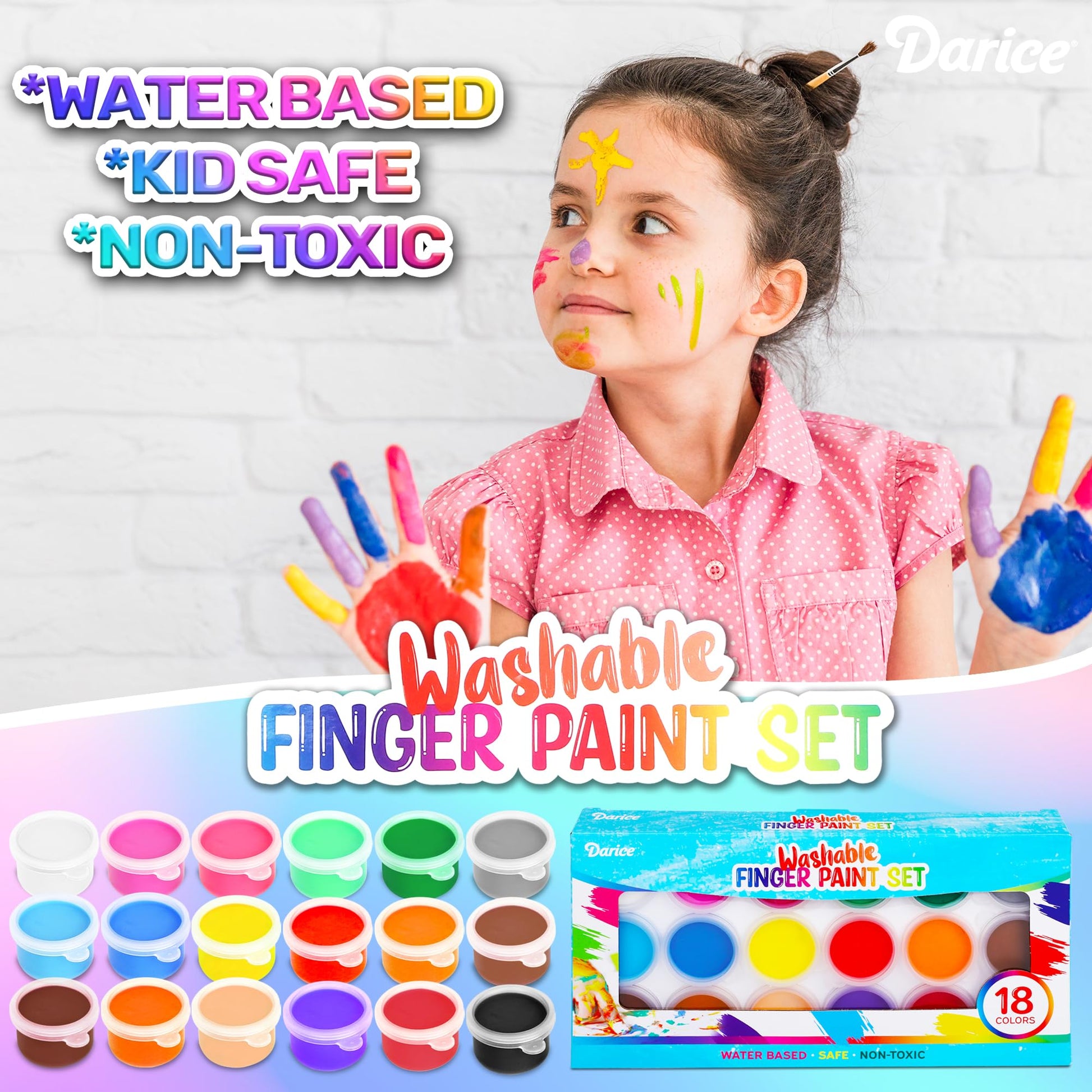 Darice Washable Finger Paint for Kids - Non-Toxic Kids Paint with 18 Vibrant Colors 1 oz Each - Water-Based Mess Free Crafts Art Supplies For Toddlers