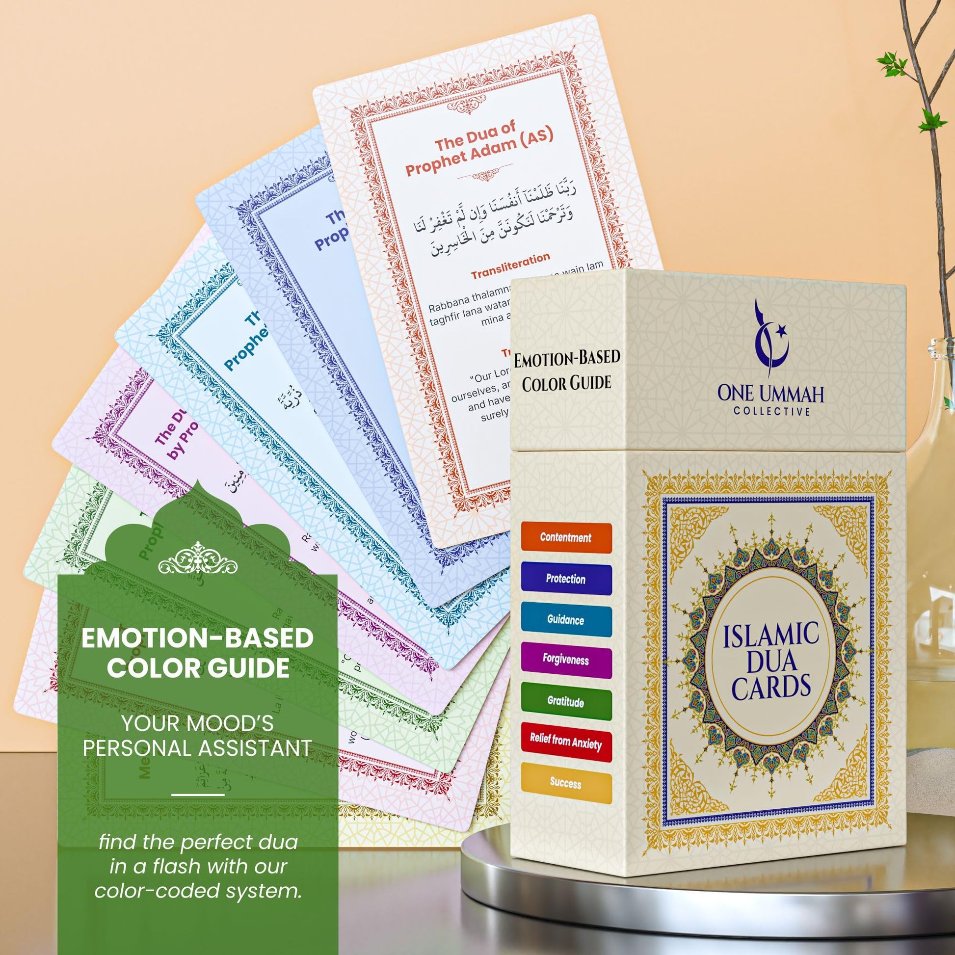 Islamic Dua Cards - 75 Essential Supplications with Translation, Transliteration & Story - Color-Coded by Emotions - for Kids & Adults - Quran